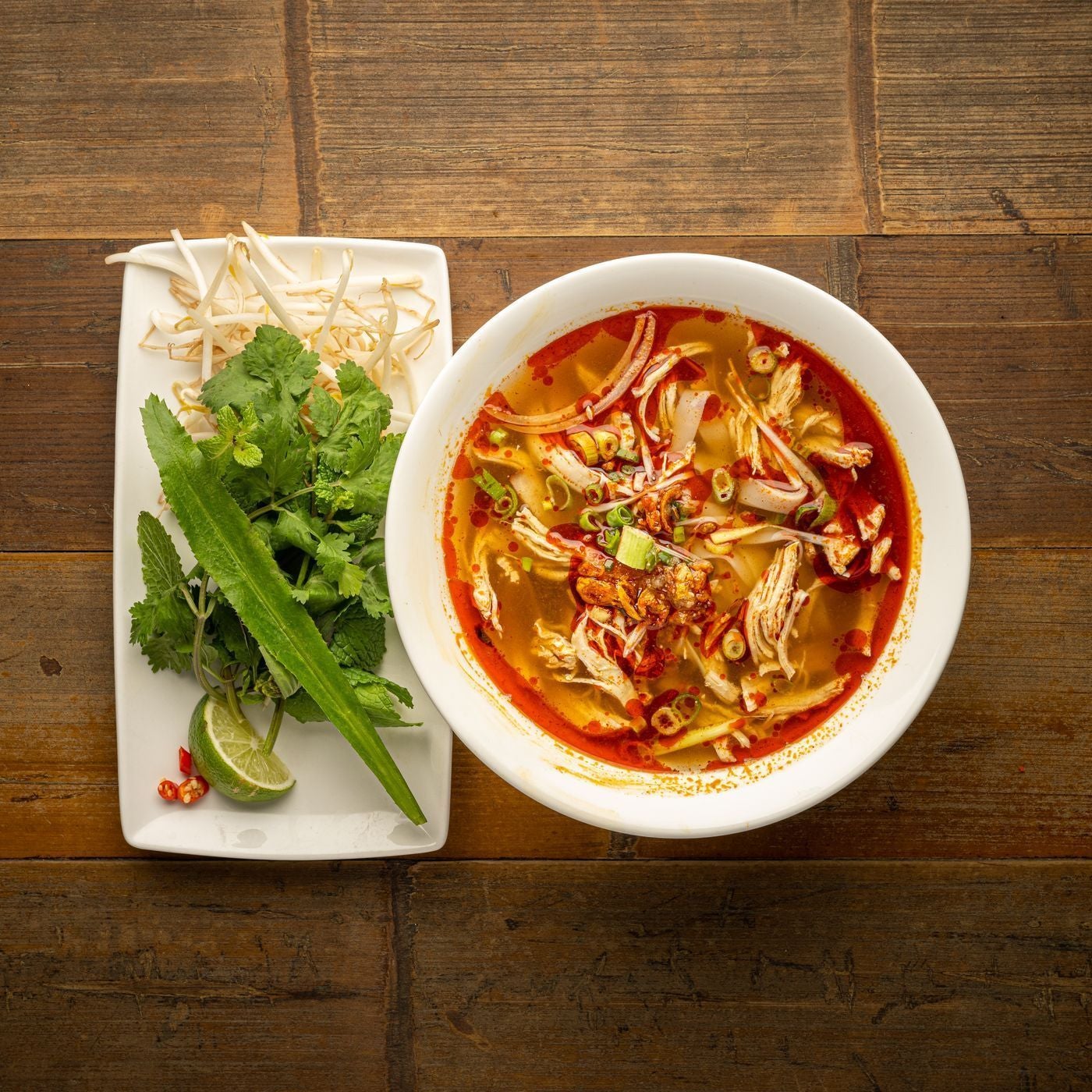 Spicy chicken pho noodle soup