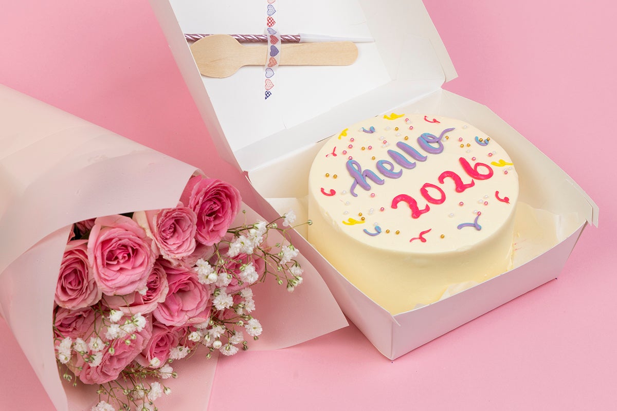 Rainbow Hello 2026 Cake with Flowers