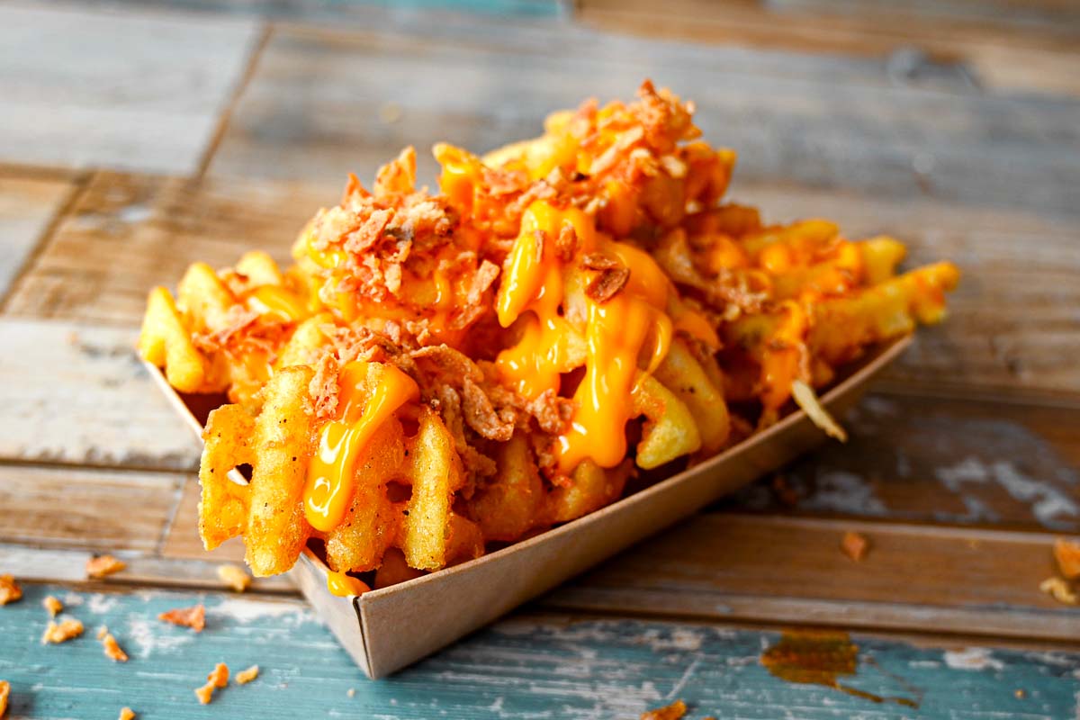 Waffle & cheddar & oignons frits