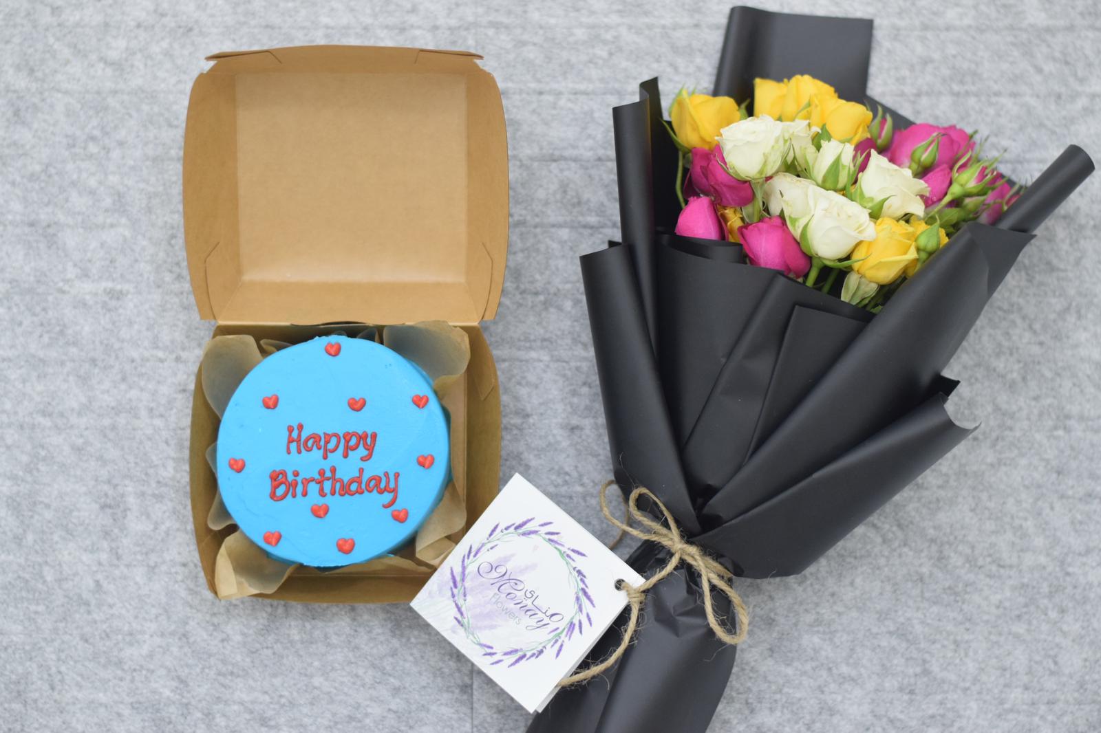 Hb Blue Cake With Mix Roses
