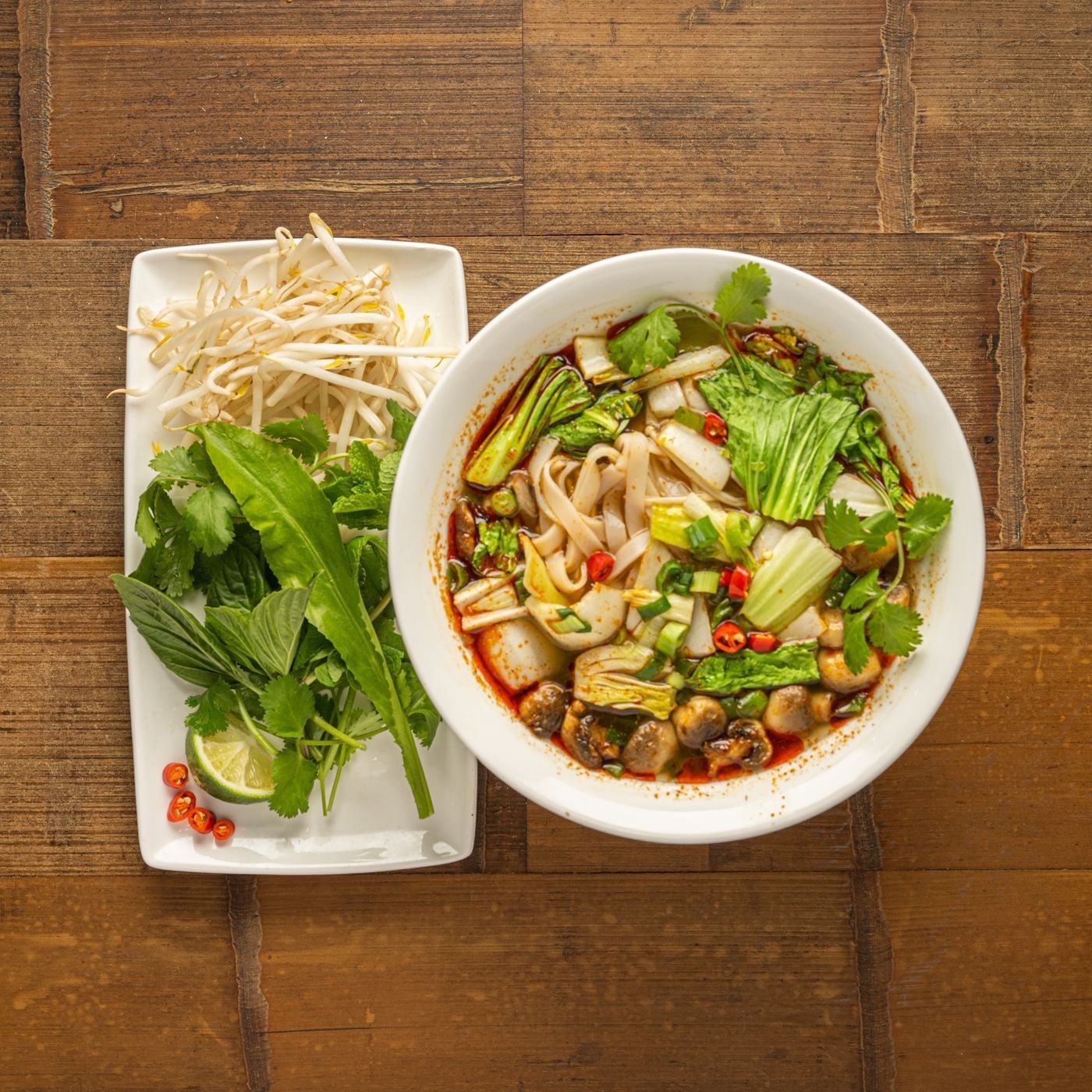 Spicy 3 mushroom and pak choi pho noodle soup