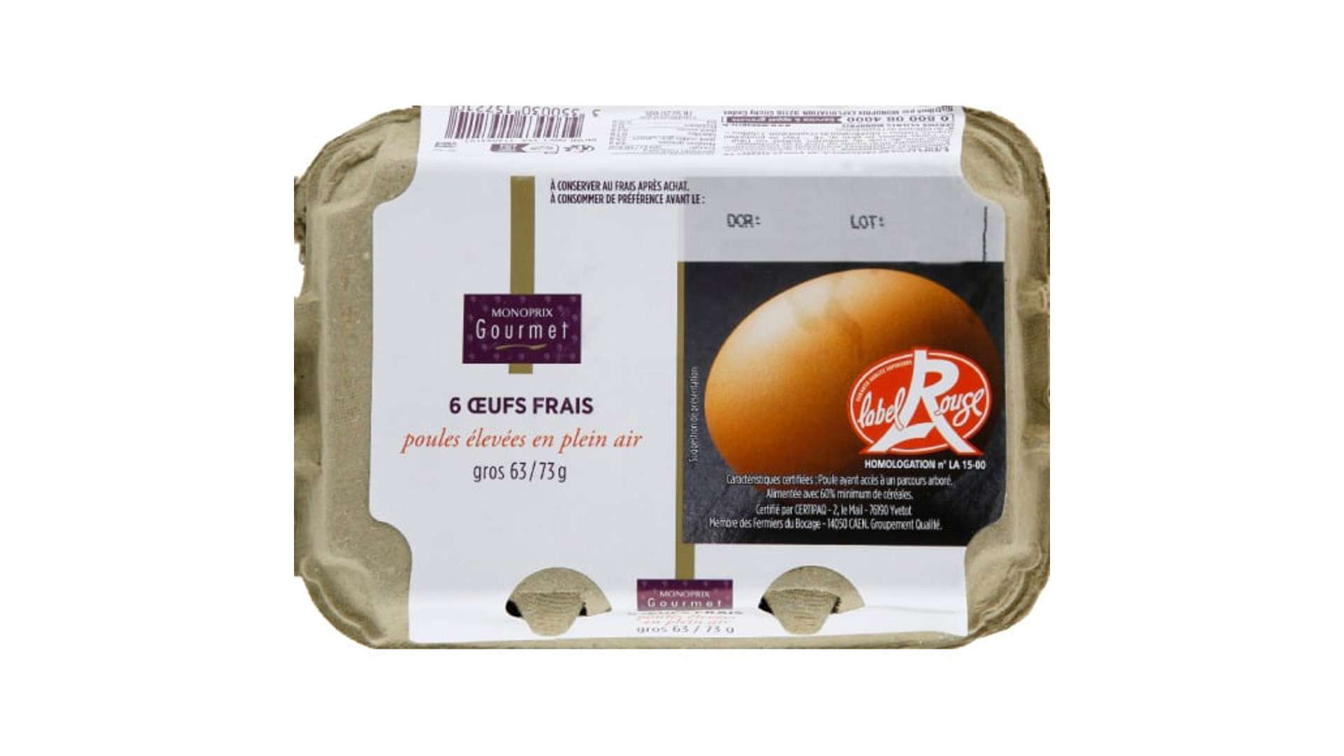 Monoprix Gourmet Oeufs frais de poules élevées en plein air, gros, Label Rouge La boîte de 6