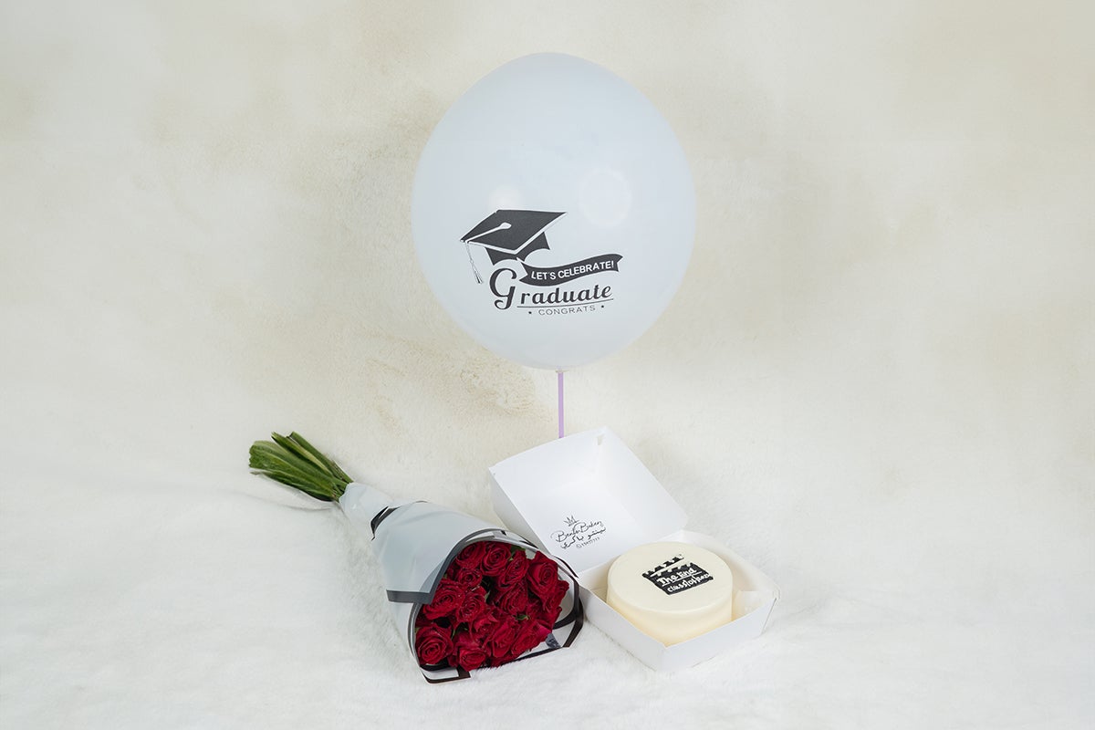 The End Class Cake With Flowers Balloon
