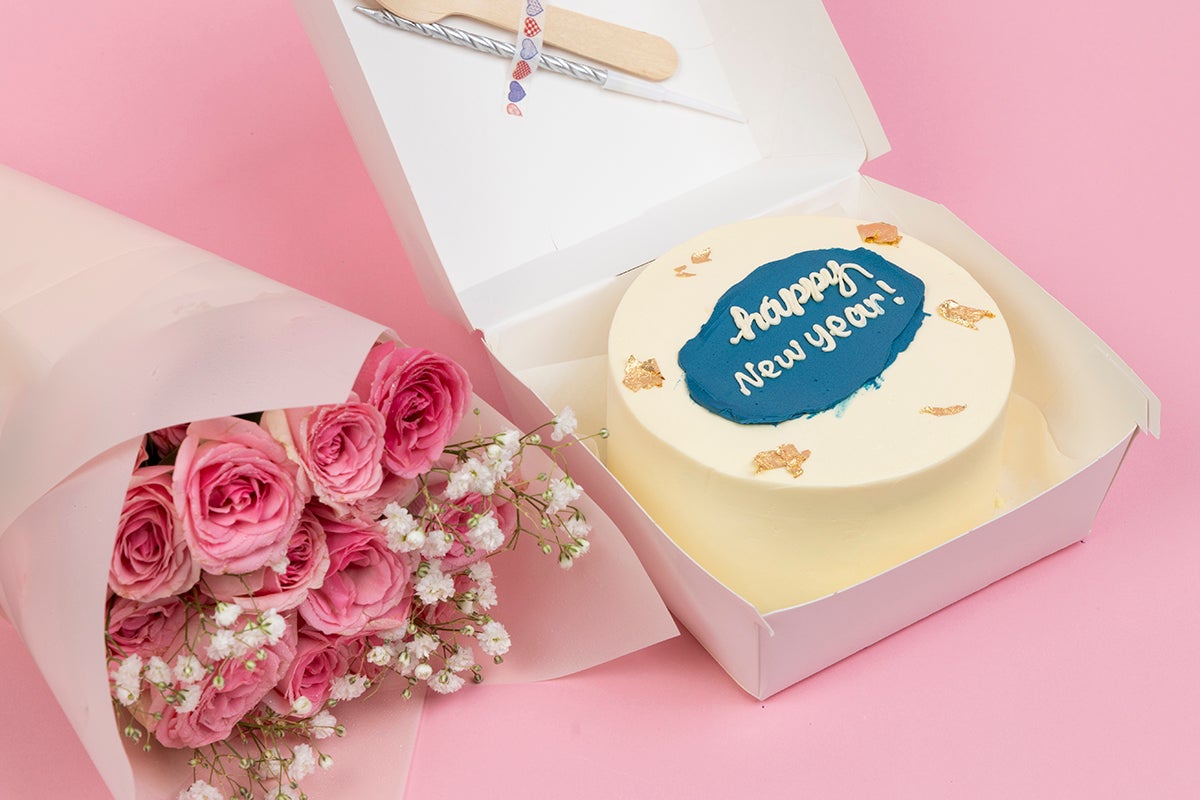 Blue Touch Happy New Year Cake with Flowers
