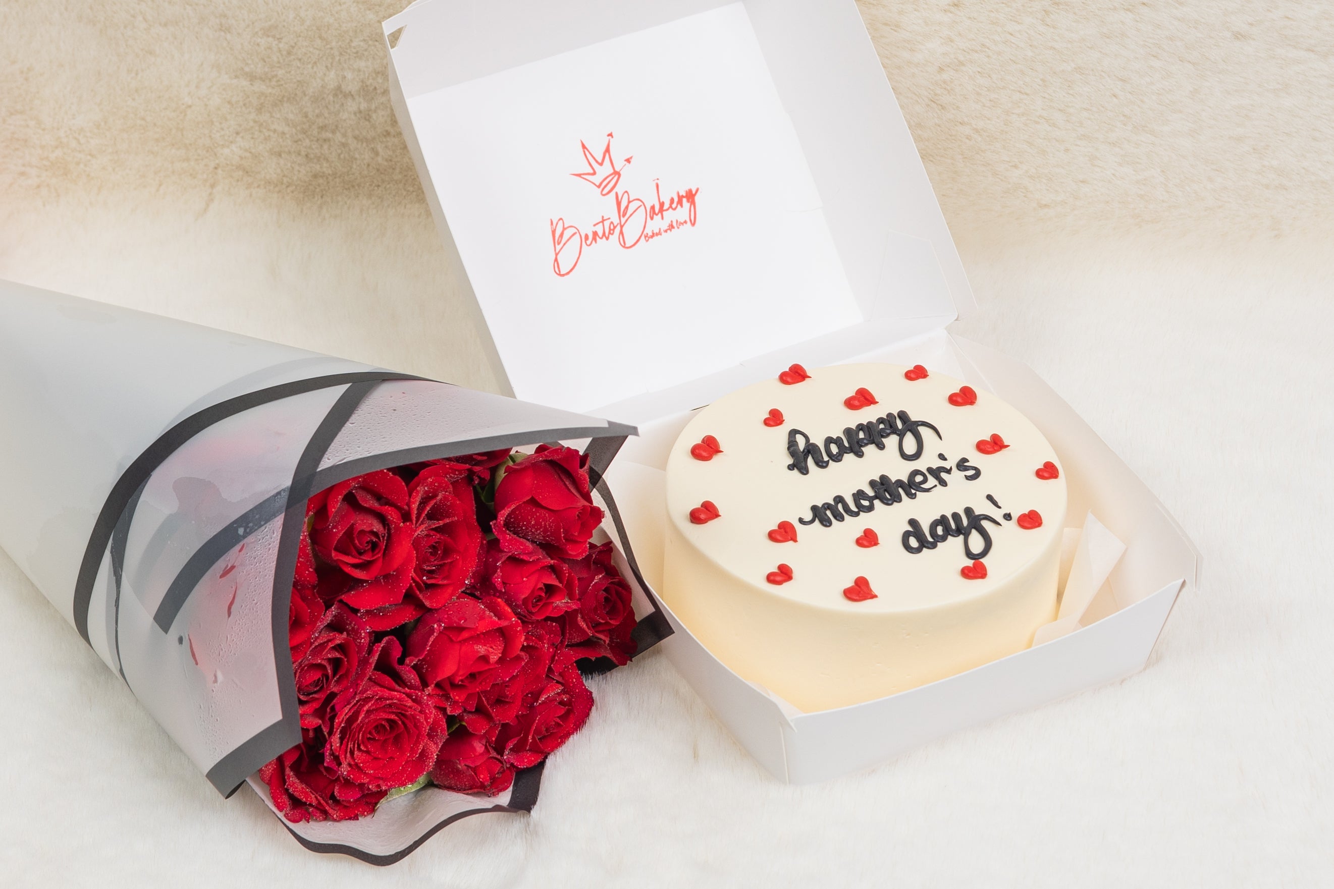 Black Write Happy Mothers Day Cake With Red Roses