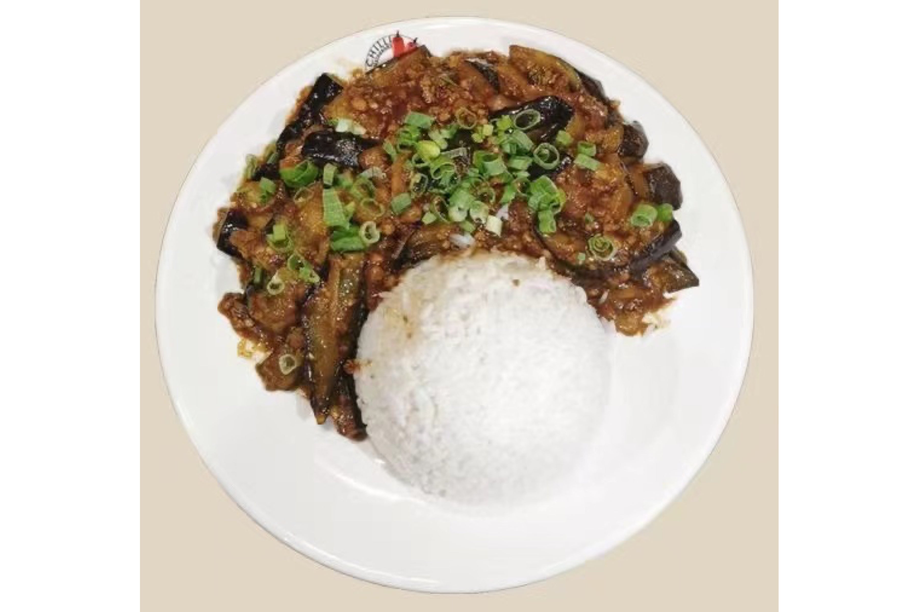 Stir Fried Aubergine with minced Pork+Rice 肉沫烧茄子饭