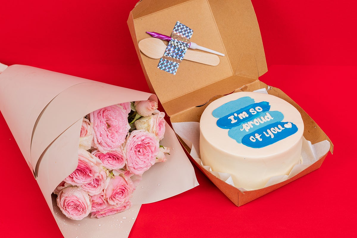 Blue proud of you cake With pink flowers