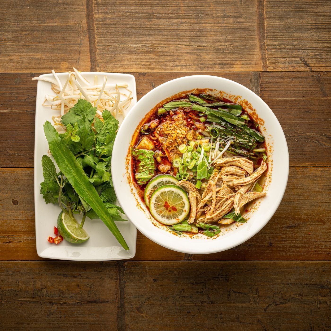 Spicy chicken & greens pho noodle soup