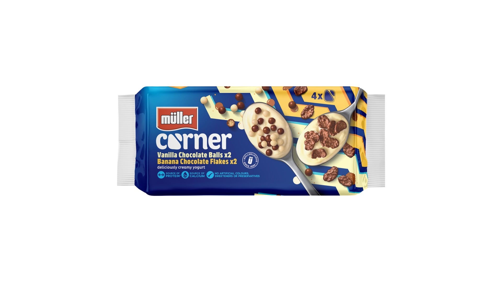 Muller Corner Vanilla Chocolate Balls and Banana Chocolate Flakes Yogurts