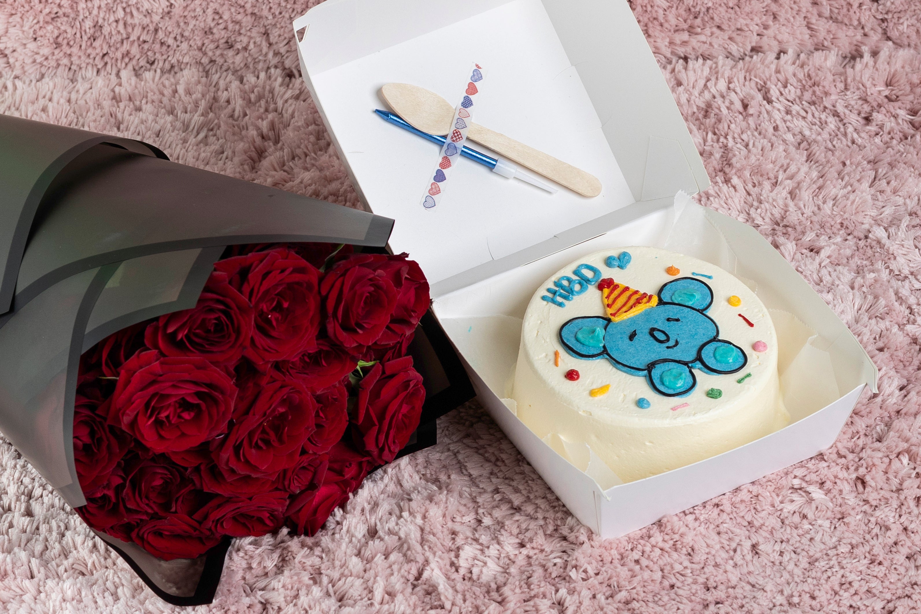 Blue Teddy HBD Bento Cake with Red Roses
