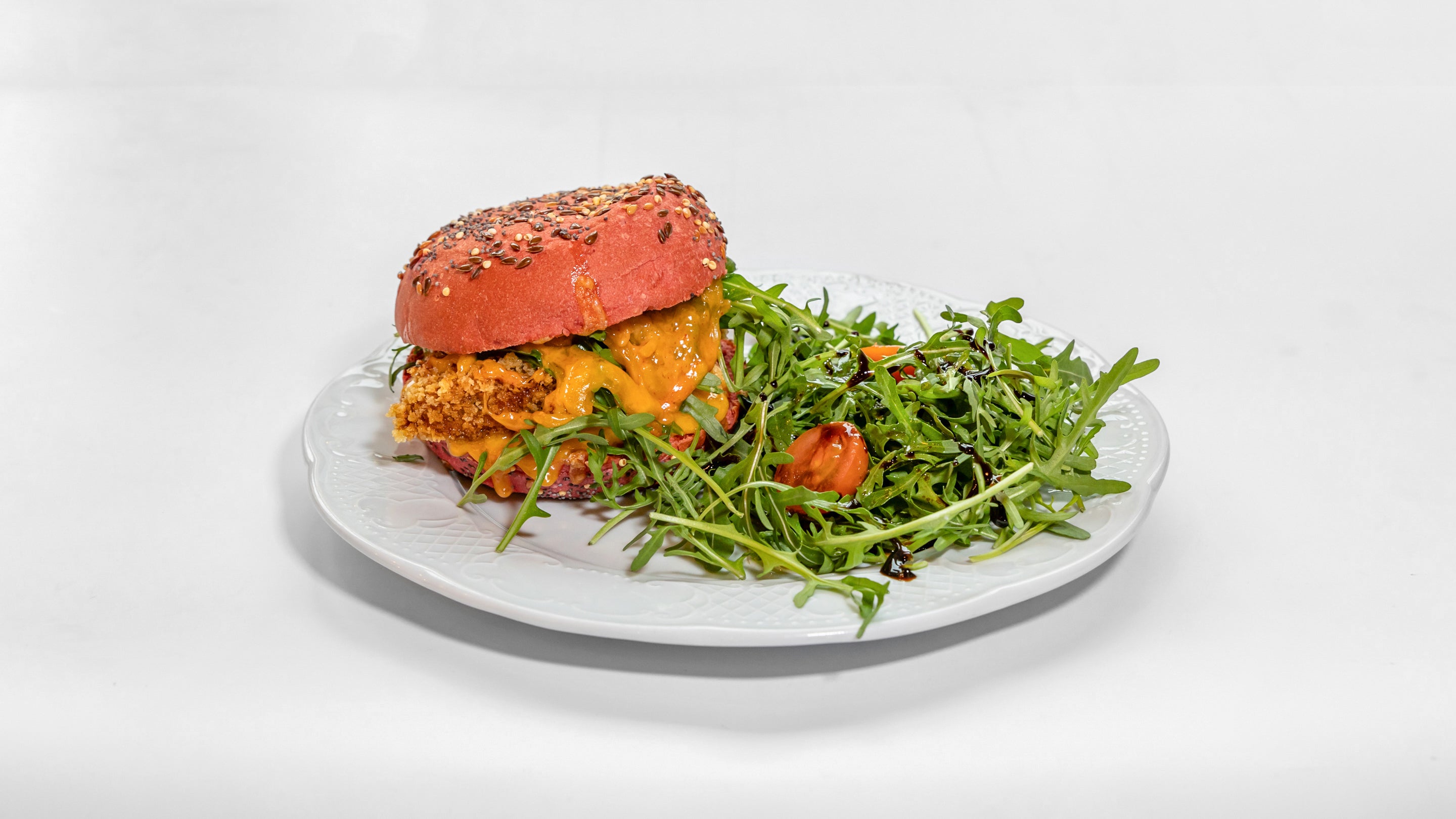 Pink chicken burger