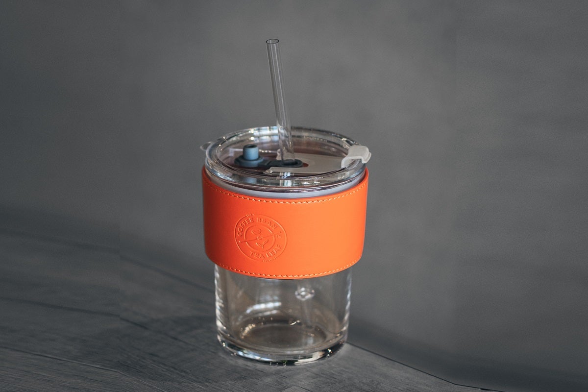 Flip Lid cup with Leatherette Sleeve - Orange