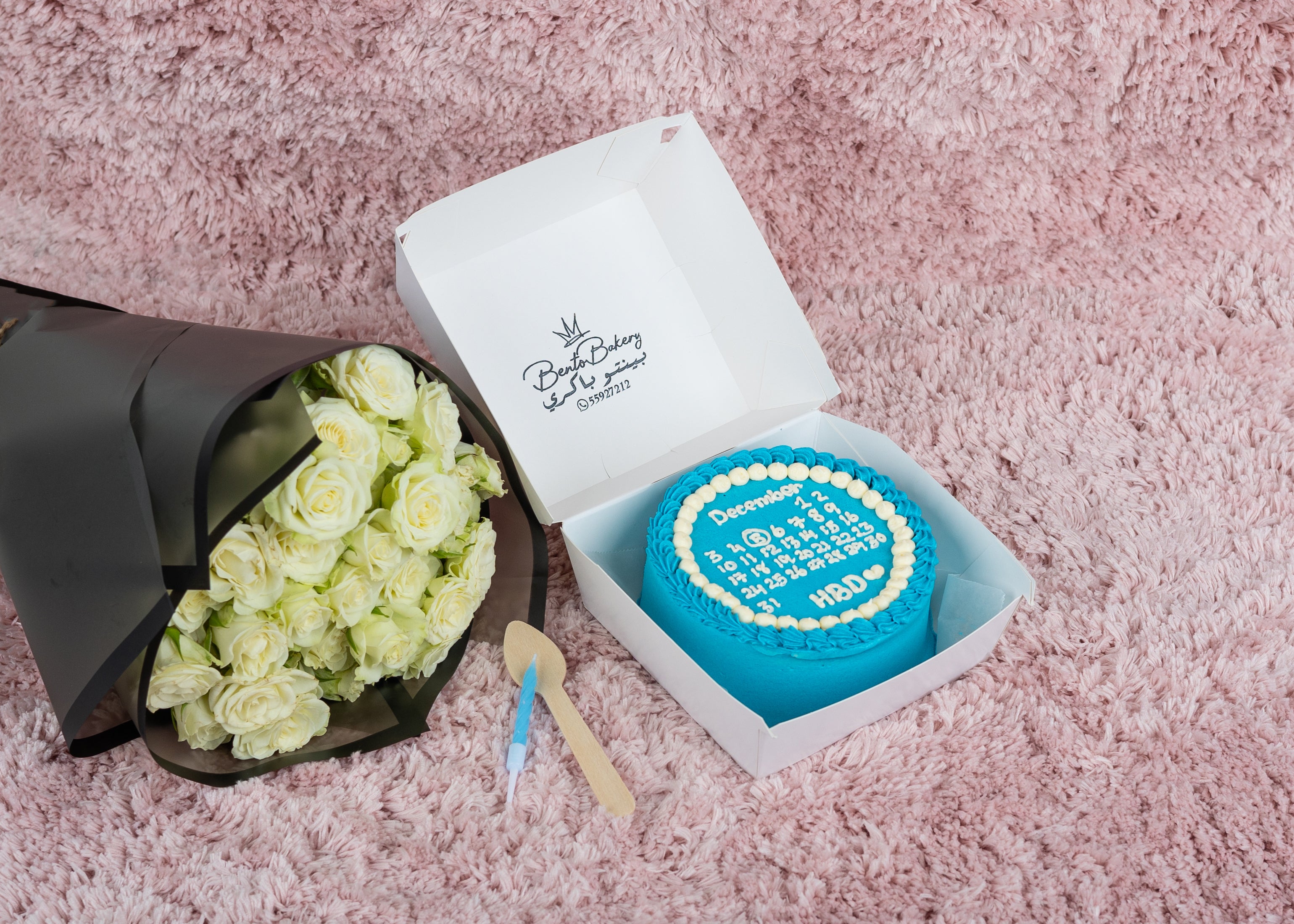 Sky Blue Calendar Bento Cake With White Roses