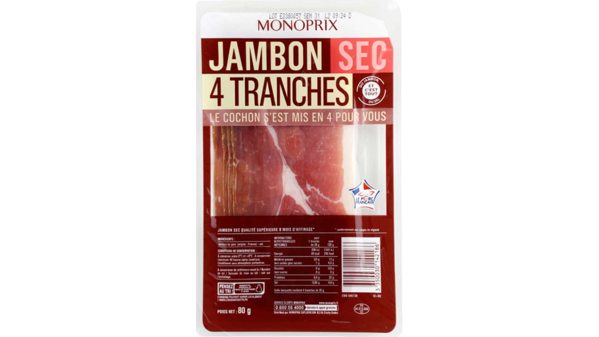 Monoprix Jambon sec La barquette de 4 tranches, 80g