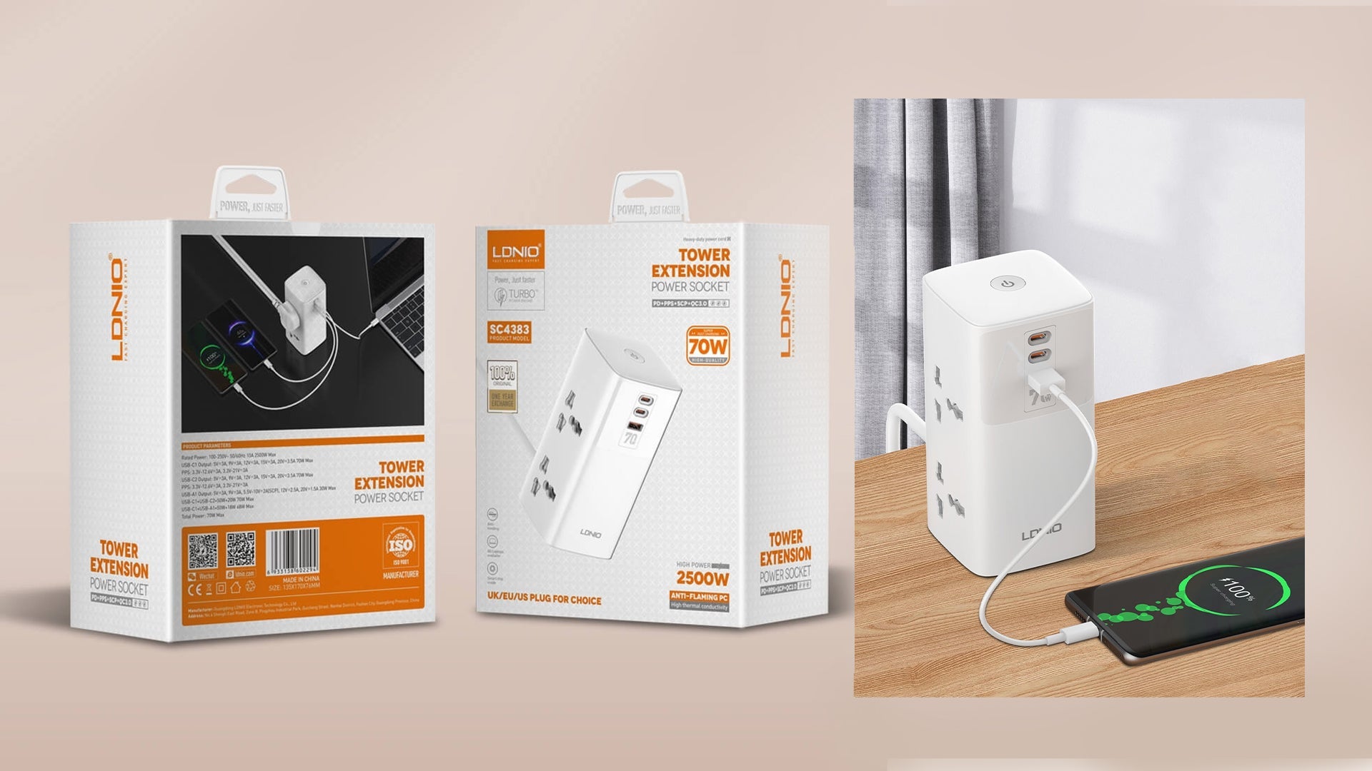 2 Outlets Power Strip with USB and 2 USB-C PD Ports 70W 2M by LDNIO