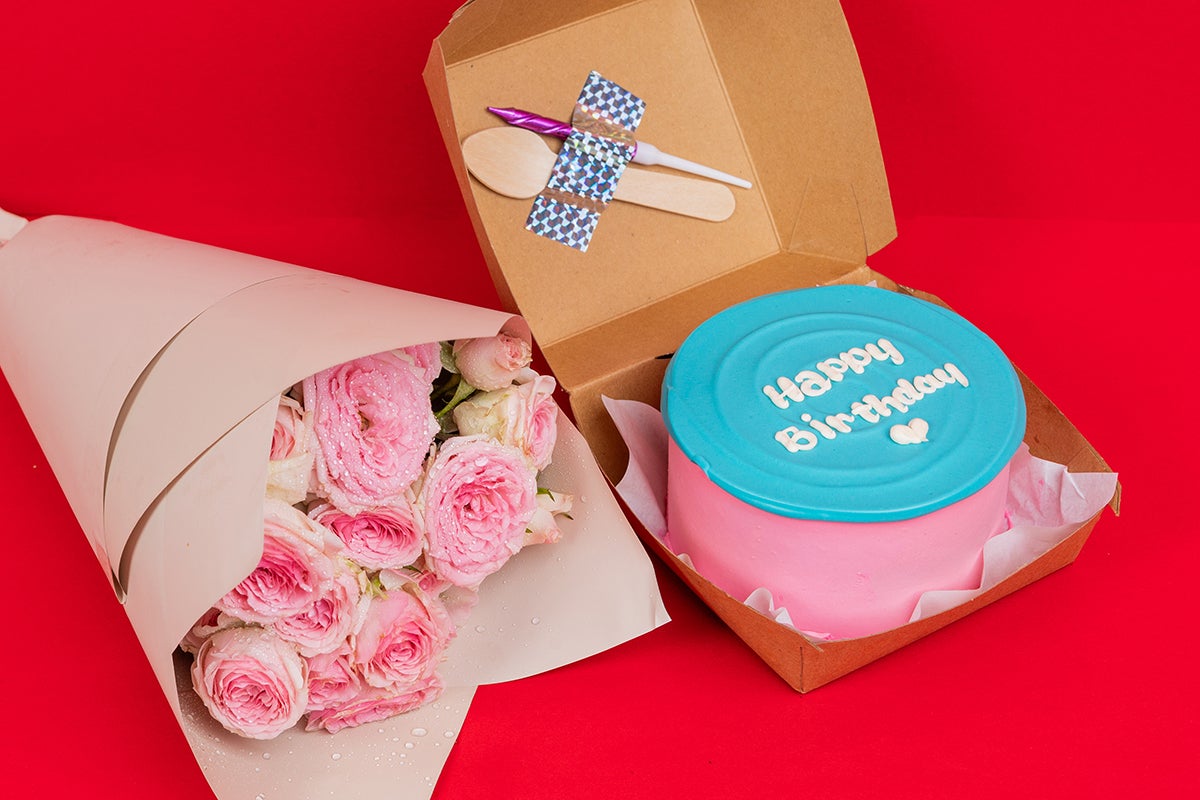 Pink blue happy birthday With pink flowers
