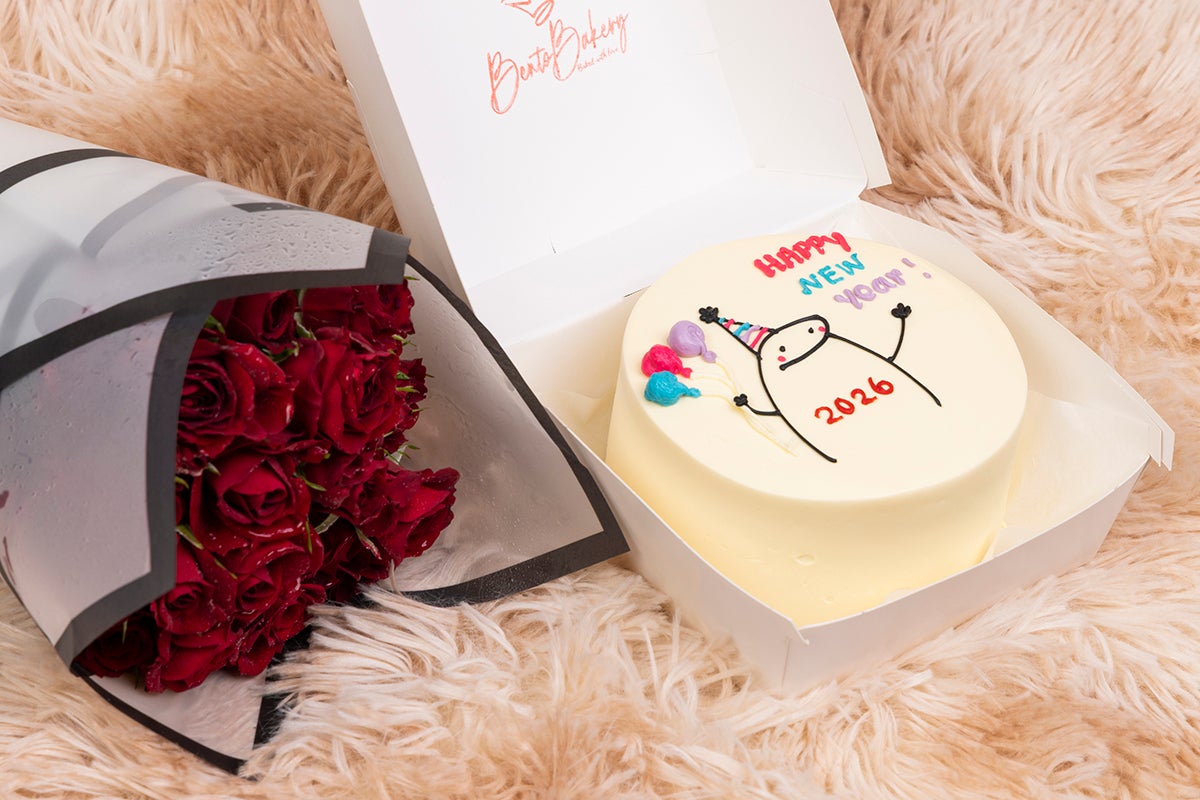 Balloons Hold 2026 New Year Cake with Flowers