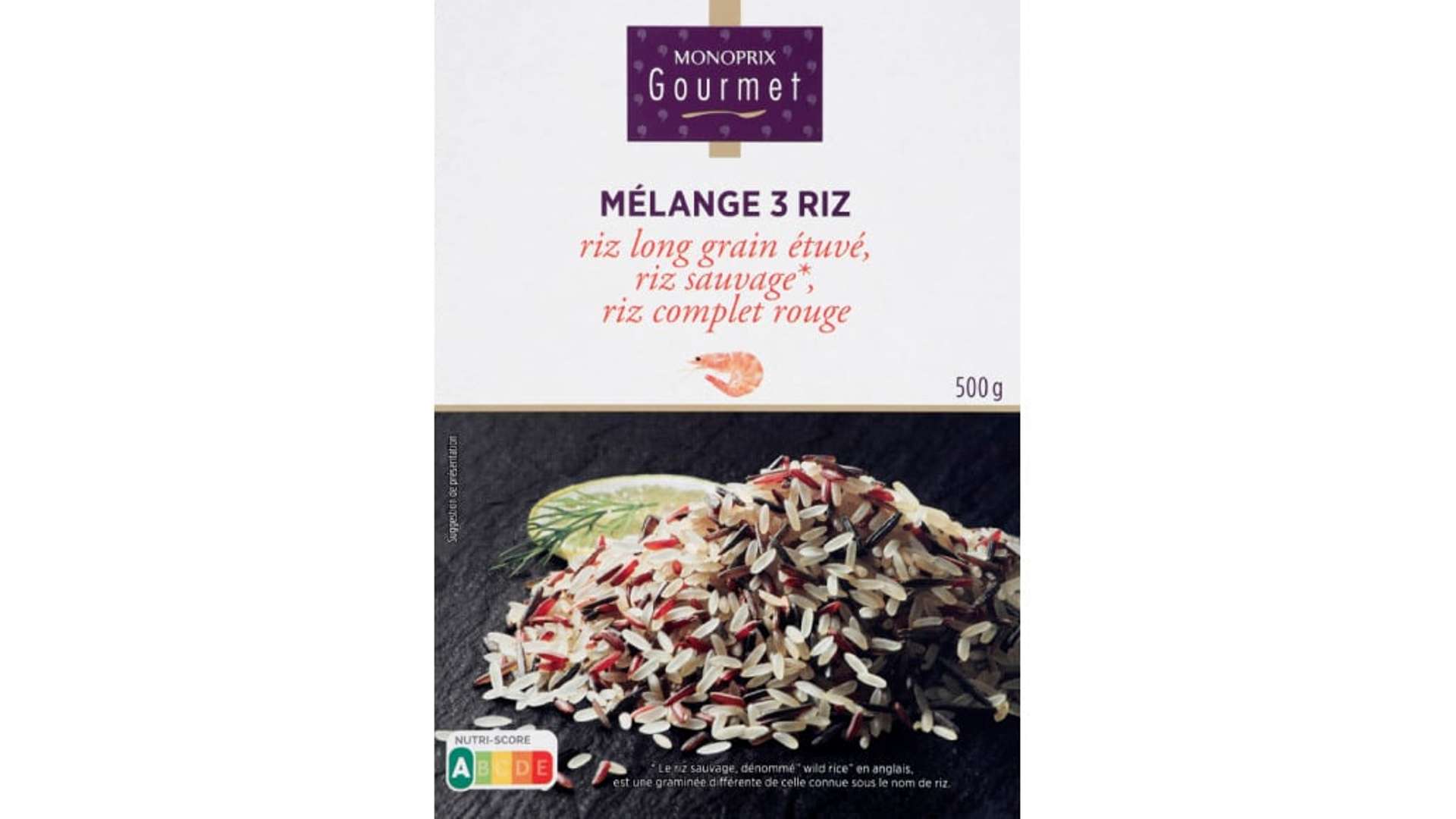 Monoprix Gourmet Mélange 3 riz, riz long grain étuvé, riz sauvage, riz complet rouge Le paquet de 500g