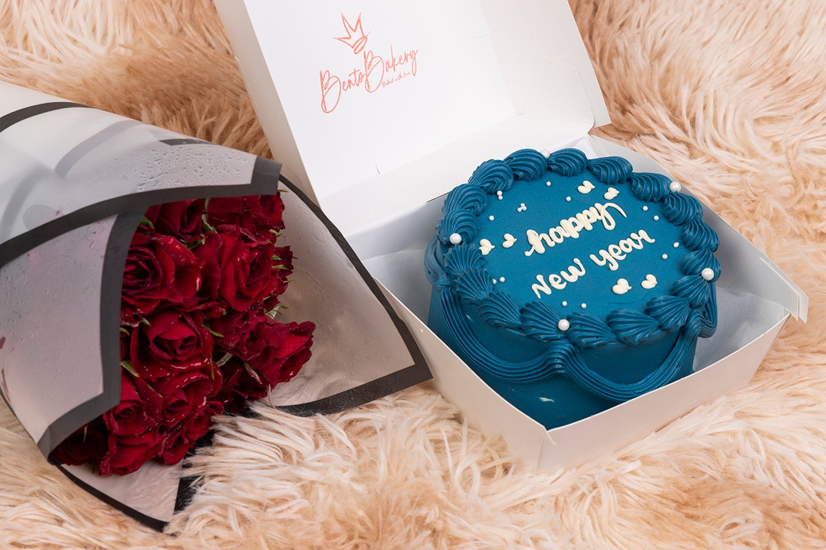 Blue New Year Cake with Flowers