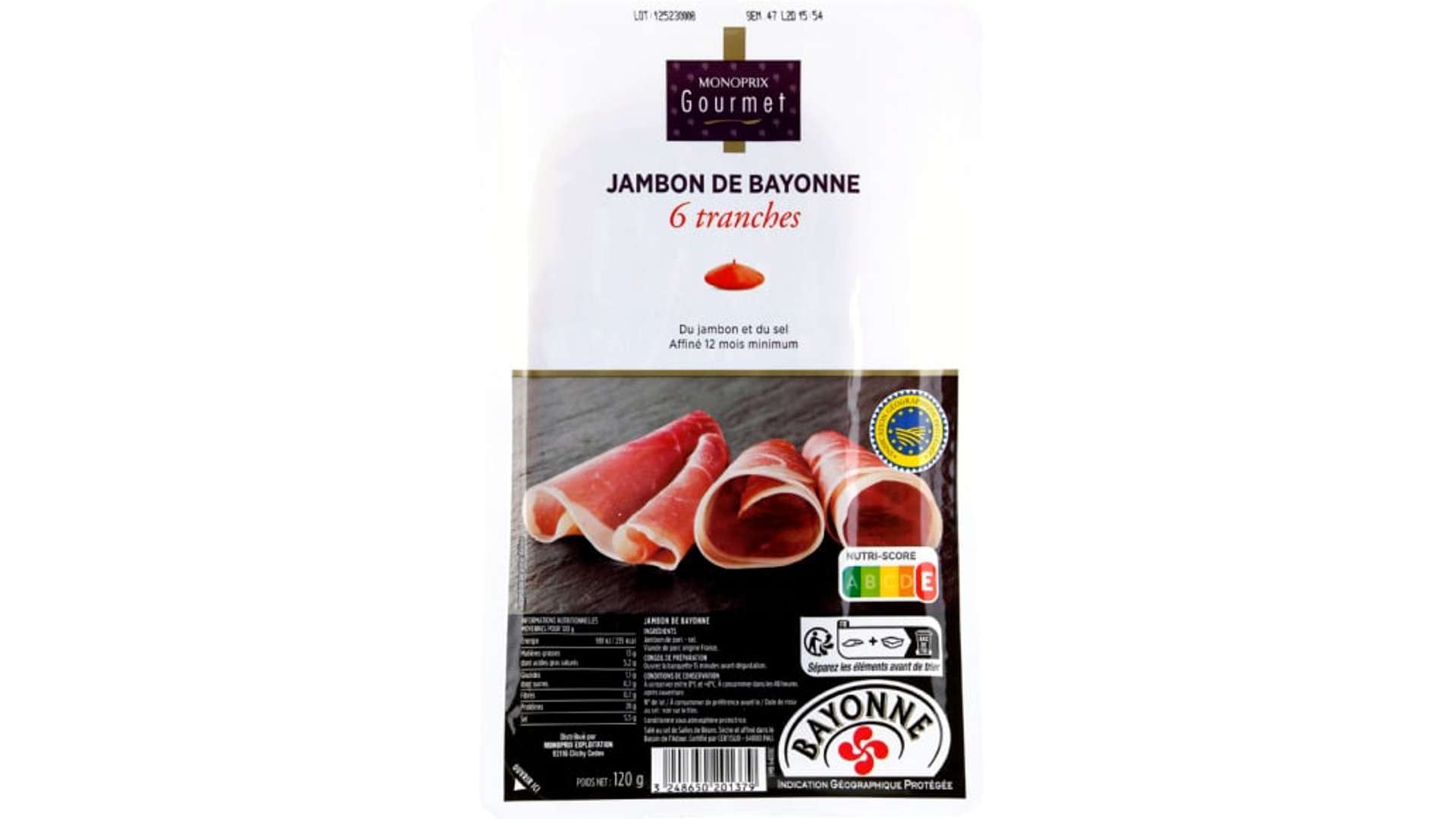 Monoprix Gourmet Jambon de Bayonne La barquette de 6 tranches, 120g