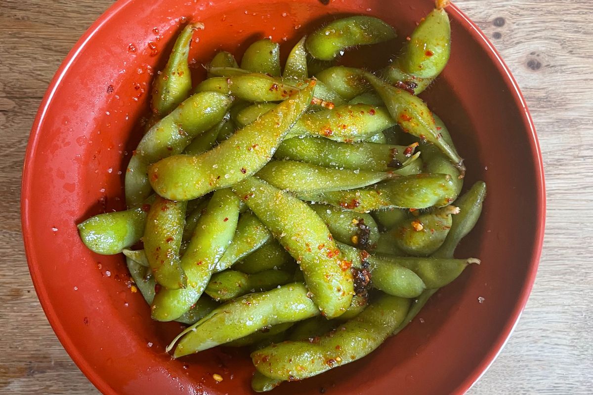 Edamame with crispy chilli oil.