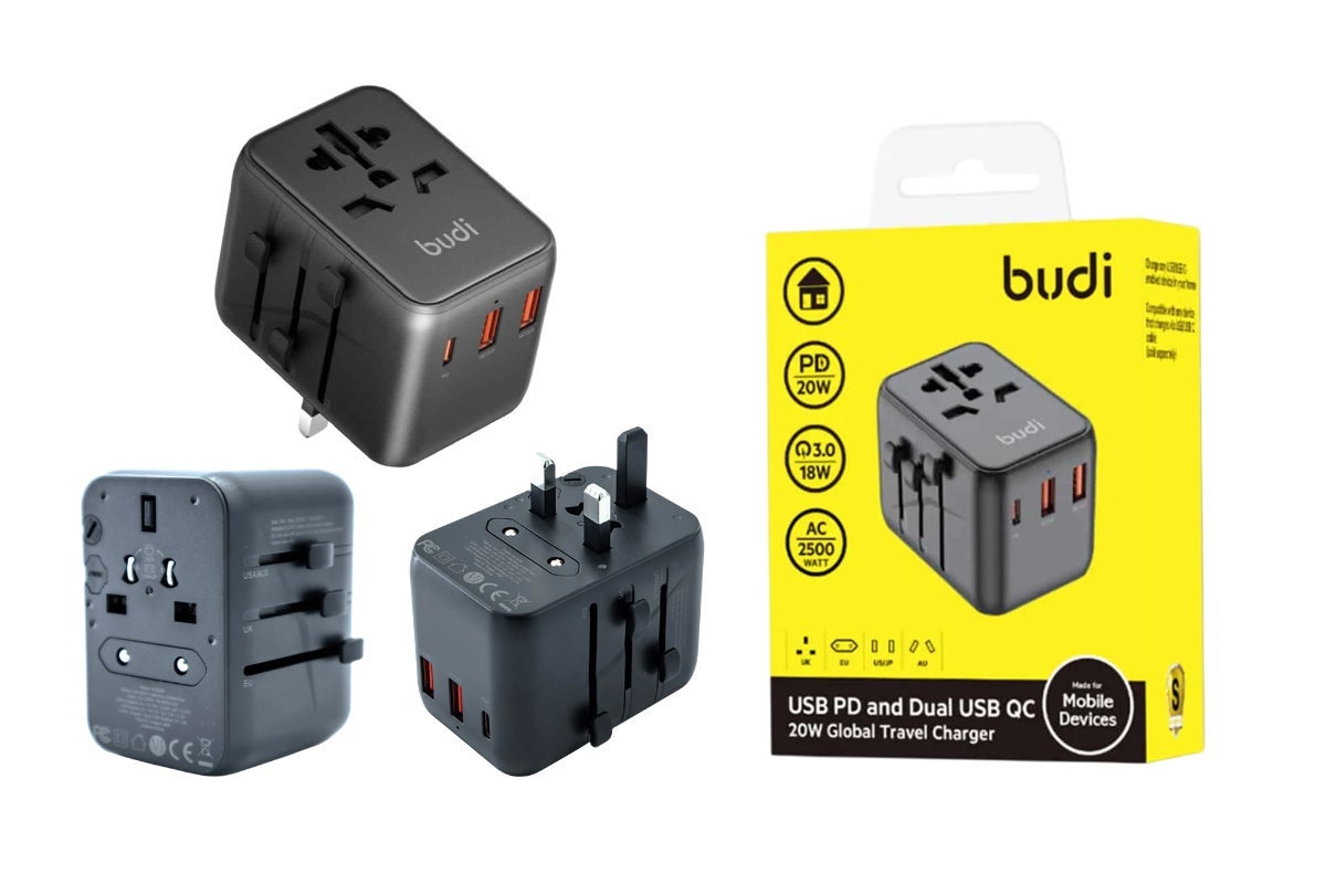 Budi Universal Travel Converter Kit with 4 USBs and Fast Charging