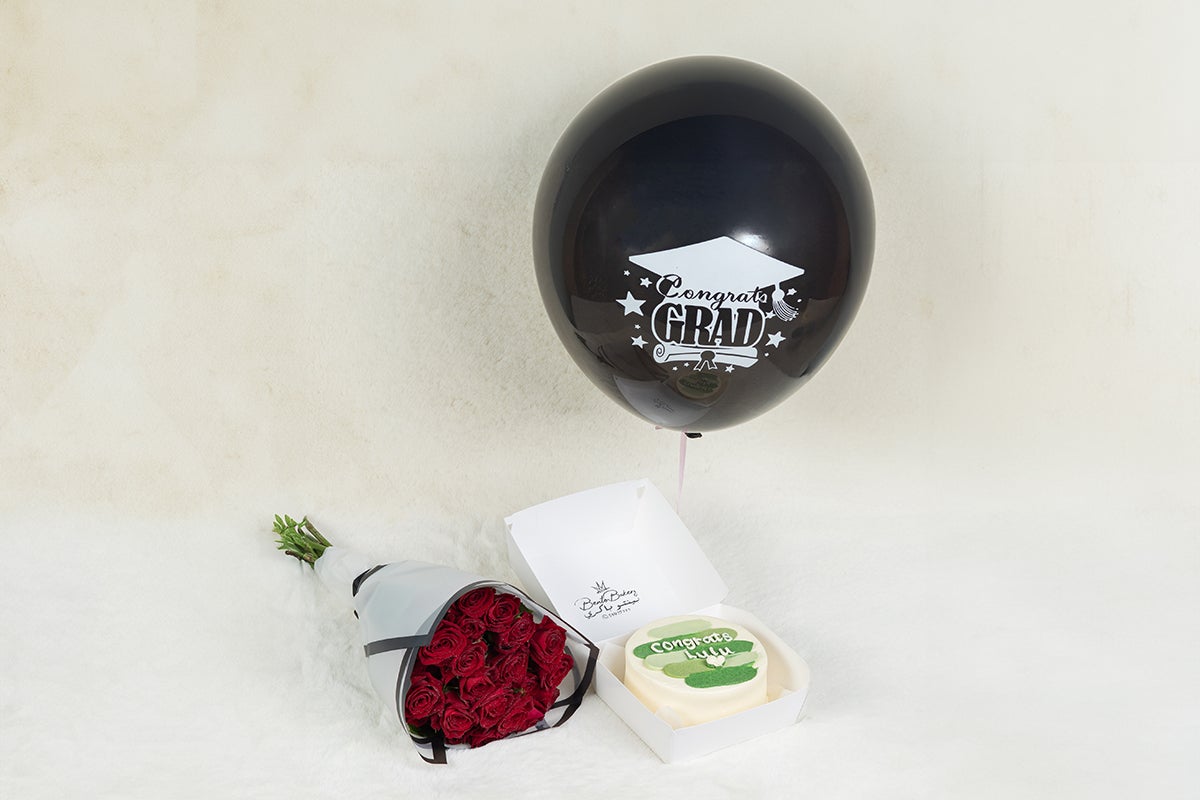Congratulations Green Cake With Flowers Balloon