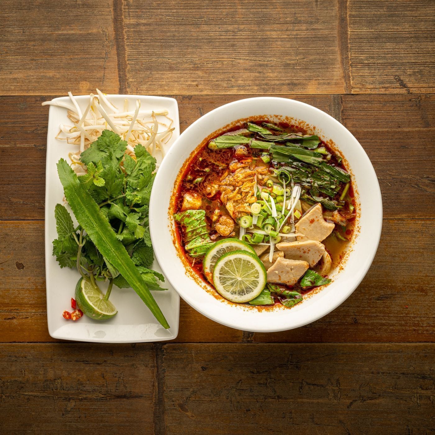 Spicy greens and vegan chicken pho noodle soup