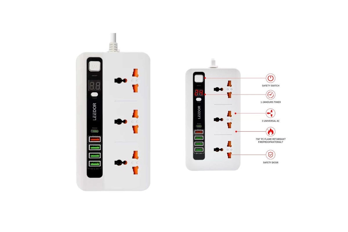 3 Sockets Power Extension 3000W with PD20W and 4 USB Ports by LEEDOR - WHITE