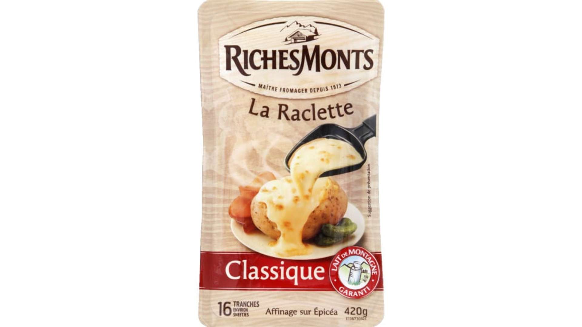 RichesMonts Fromage a raclette classique 16 tranches La barquette de 420g