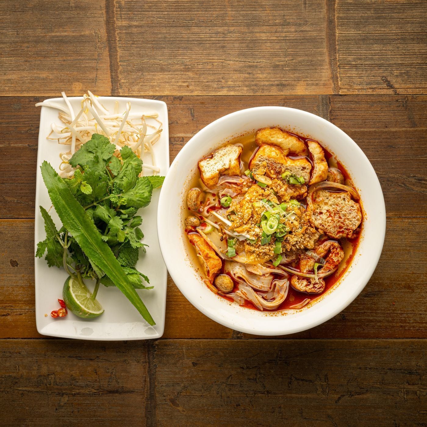 Spicy tofu & mushroom pho noodle soup