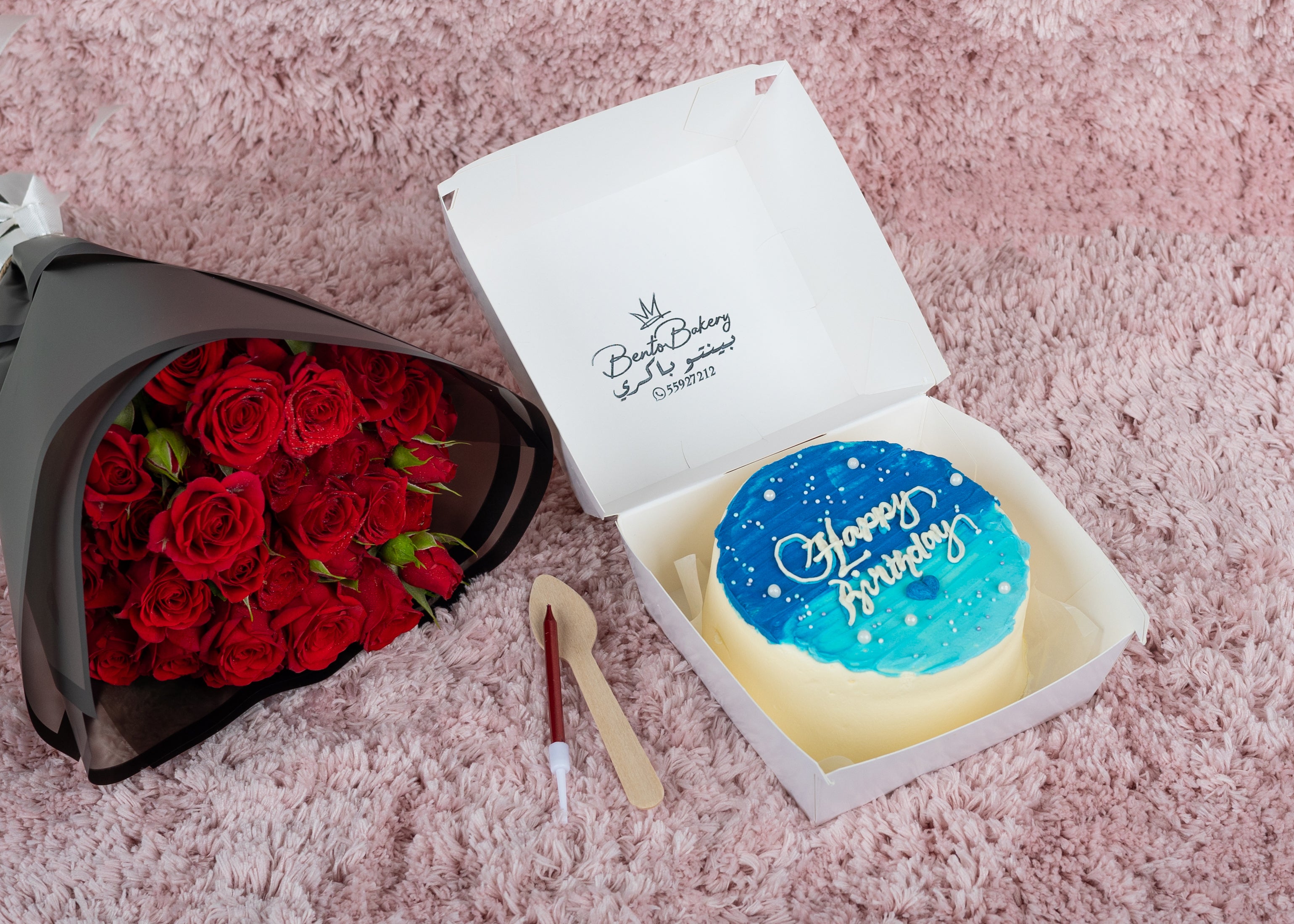Skyblue Happy Birthday Bento Cake With White Roses