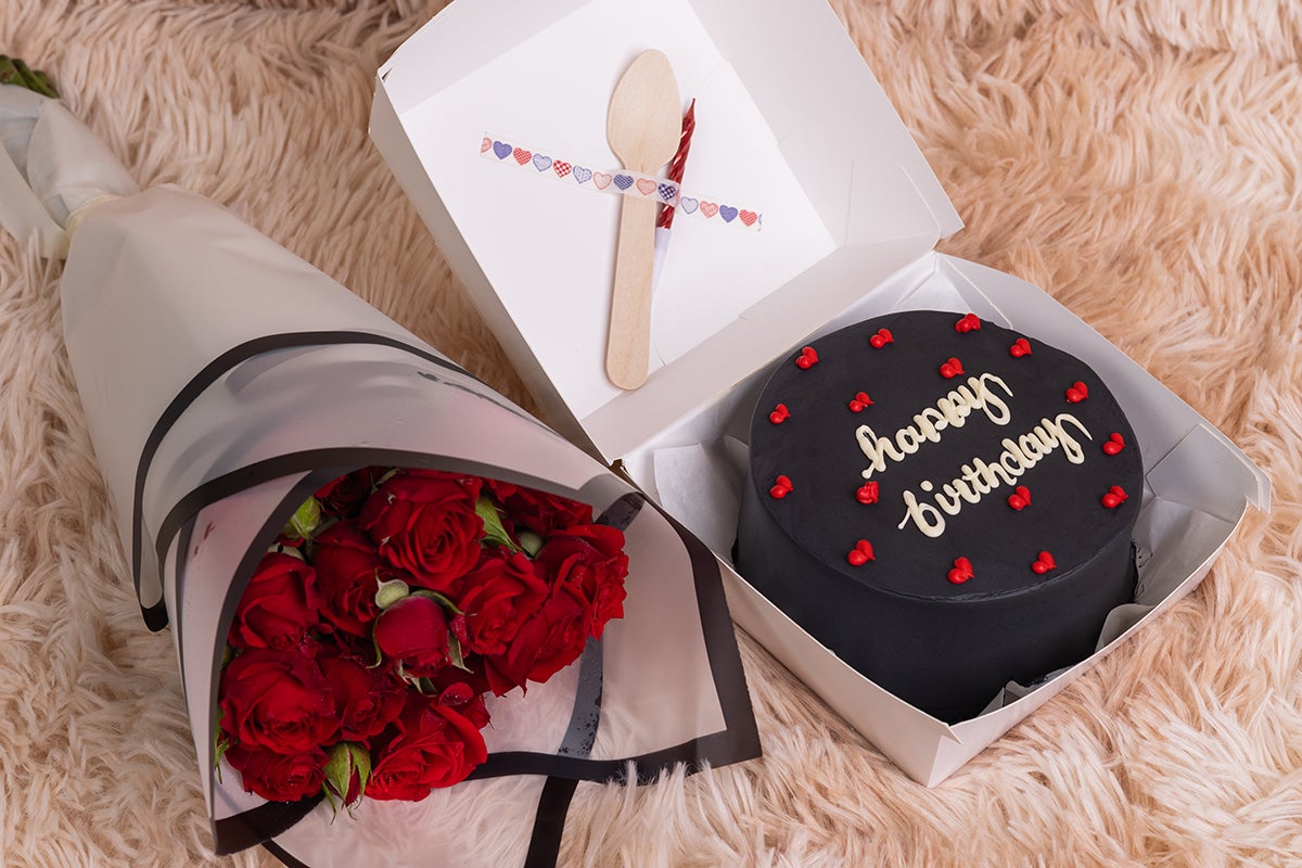 Black Cake With Red Hearts With Flowers