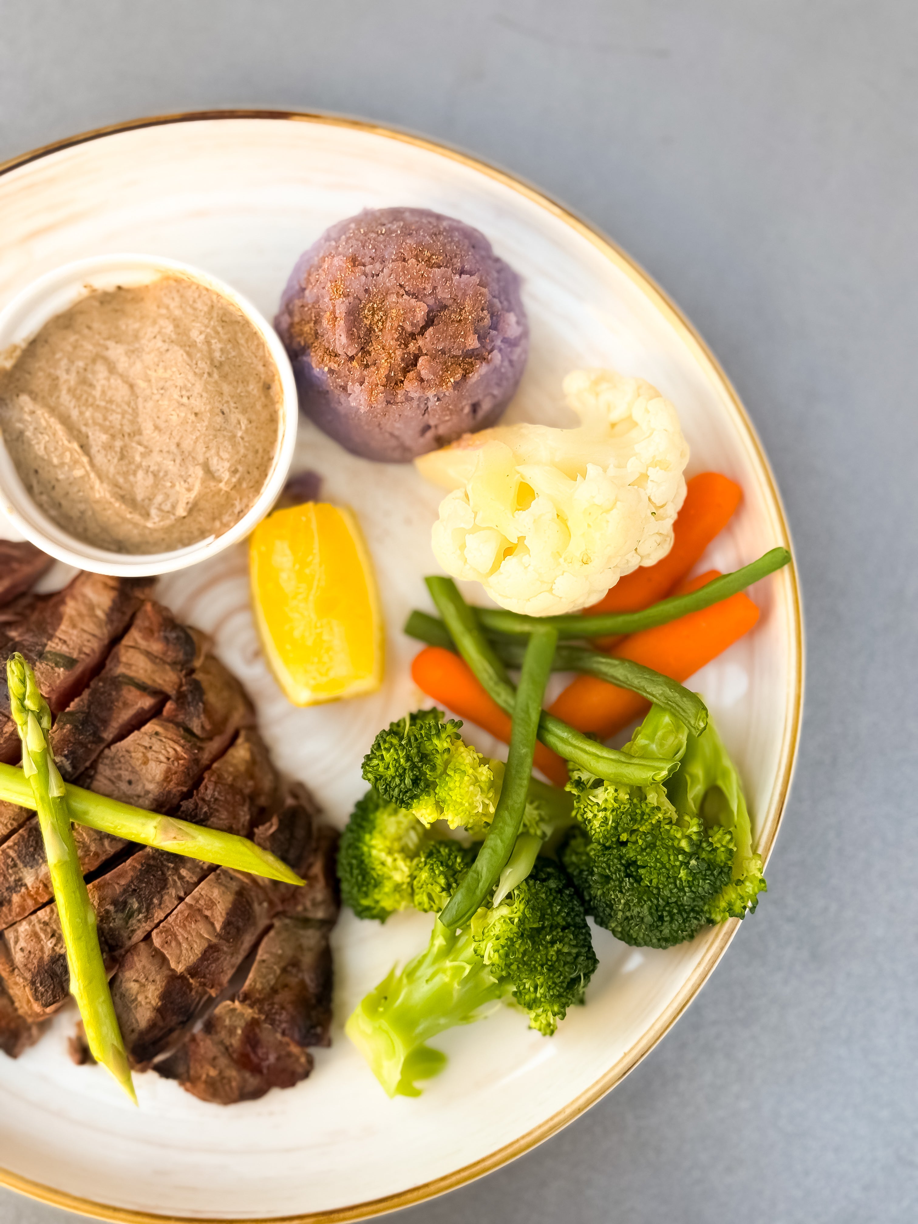 Tenderloin Steak With Purple Mashed Potato And Vegetable