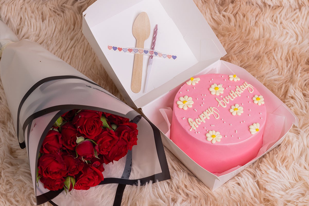 Flower Pink Happy Birthday Cake With Flowers