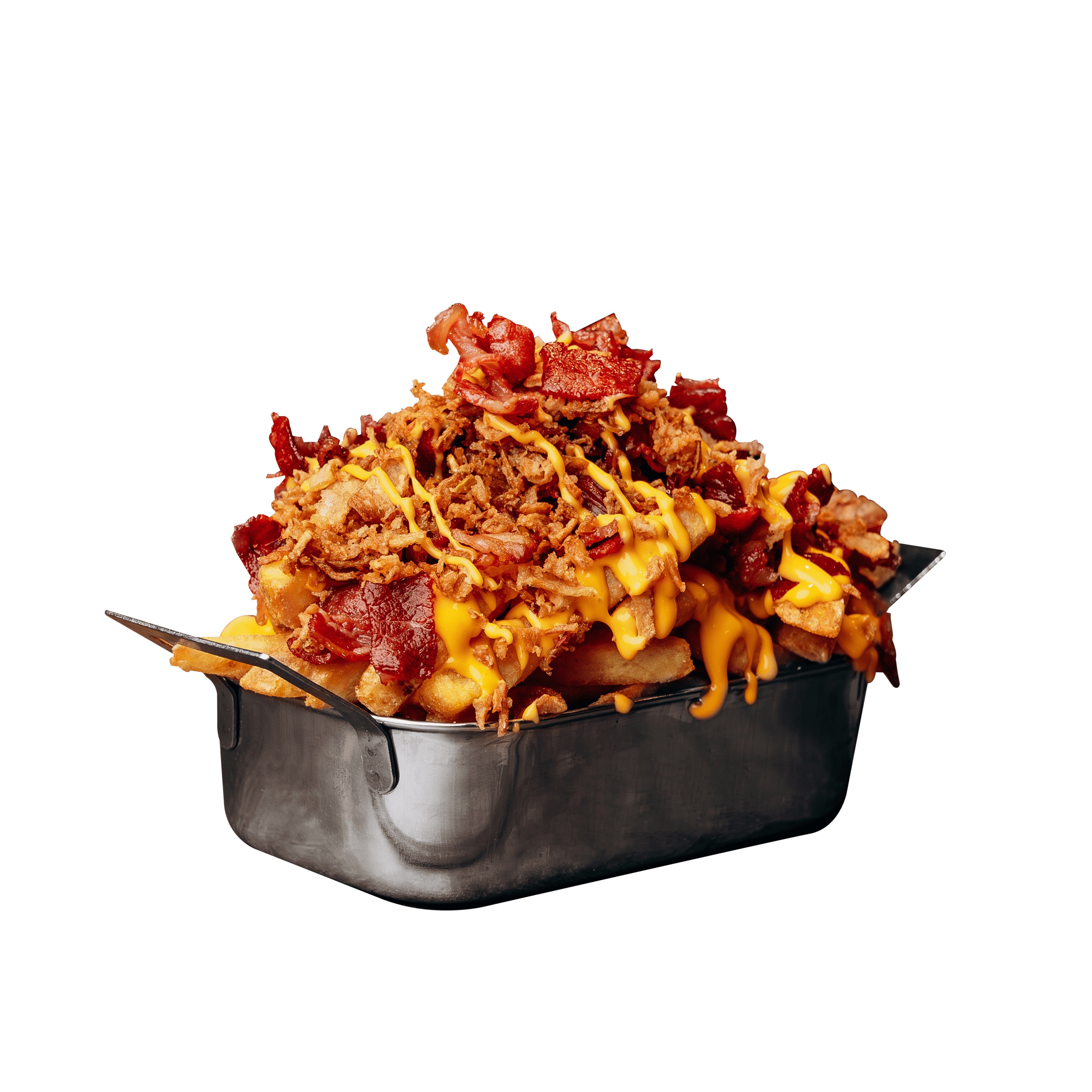 Extra cheddar, bacon & oignons frits