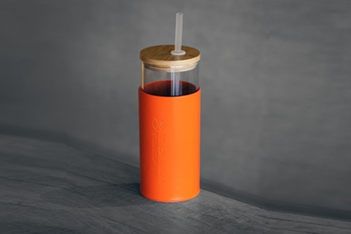 Cold Cup With Lid & Leatherette Wrap - Orange