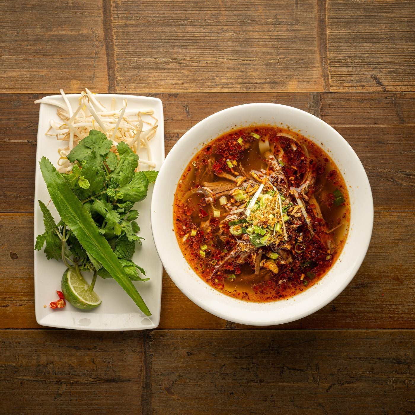 Spicy beef brisket pho noodle soup