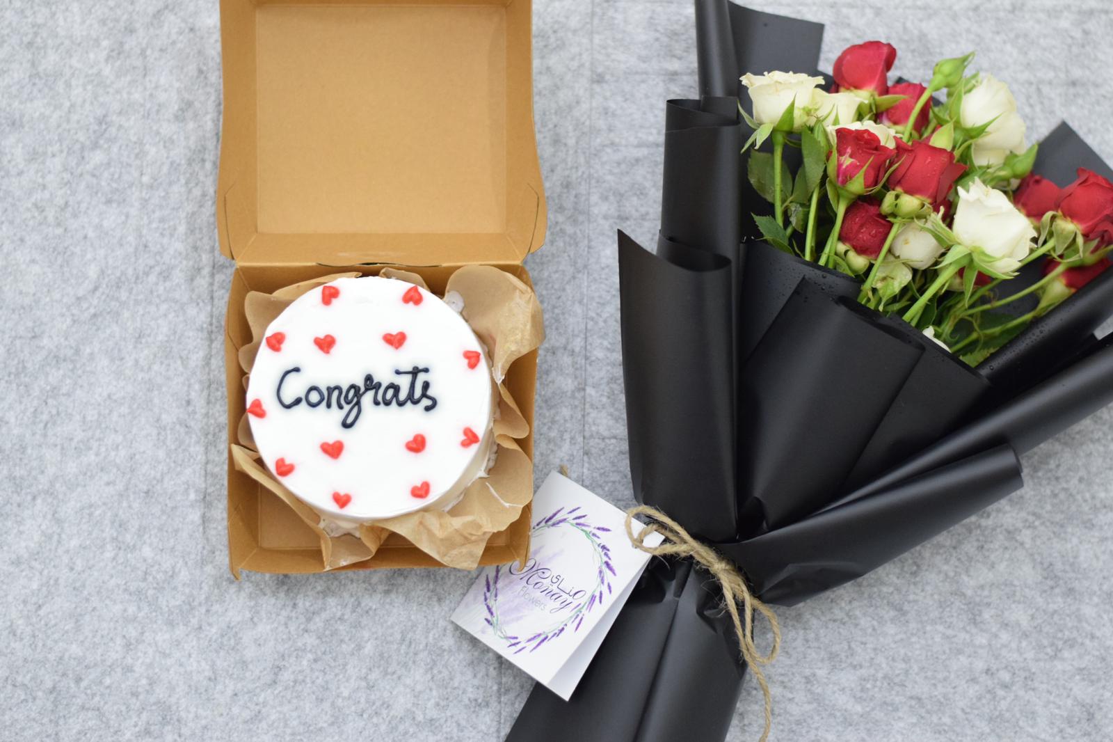 Congrats Cake With Red White Roses