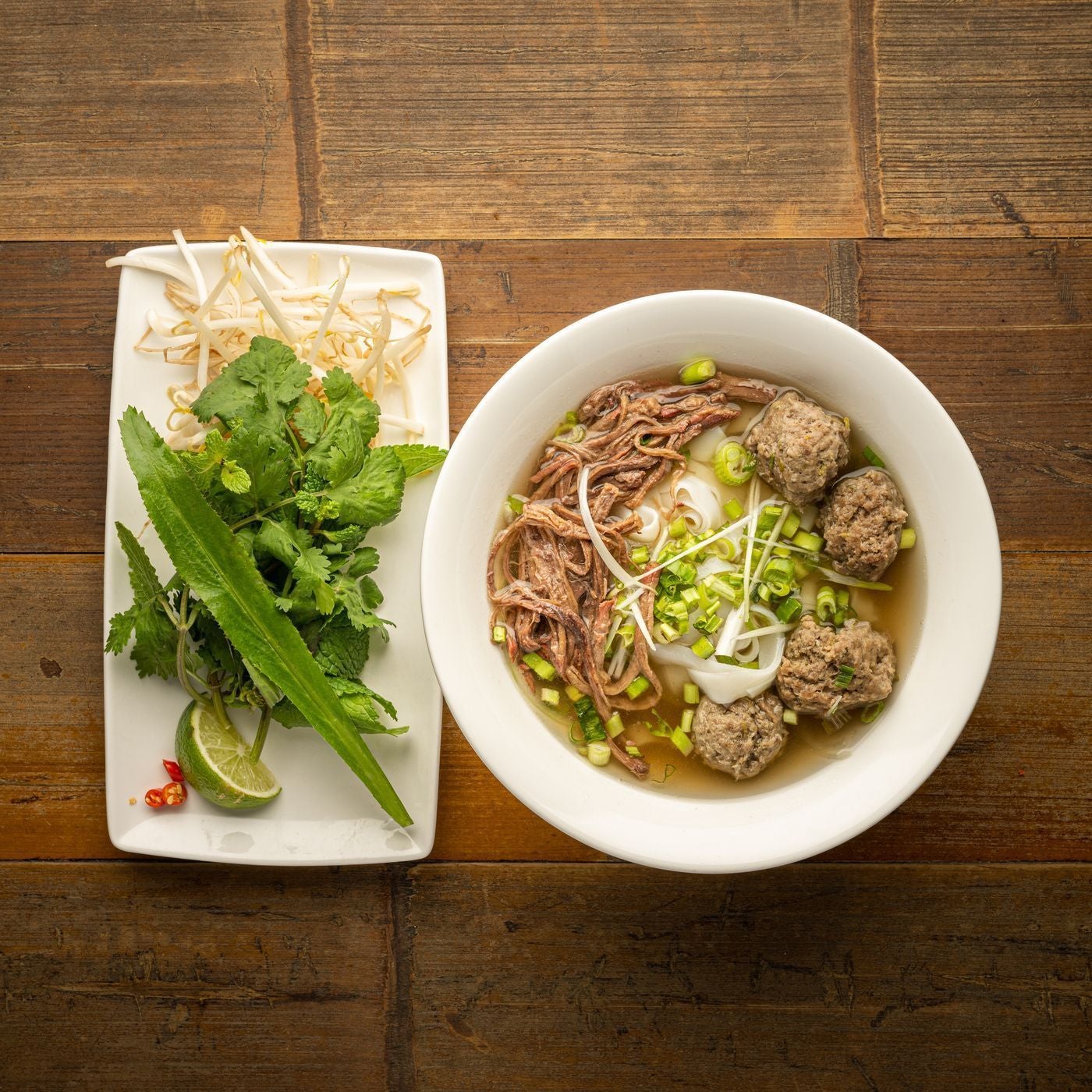 Brisket & meatball pho noodle soup