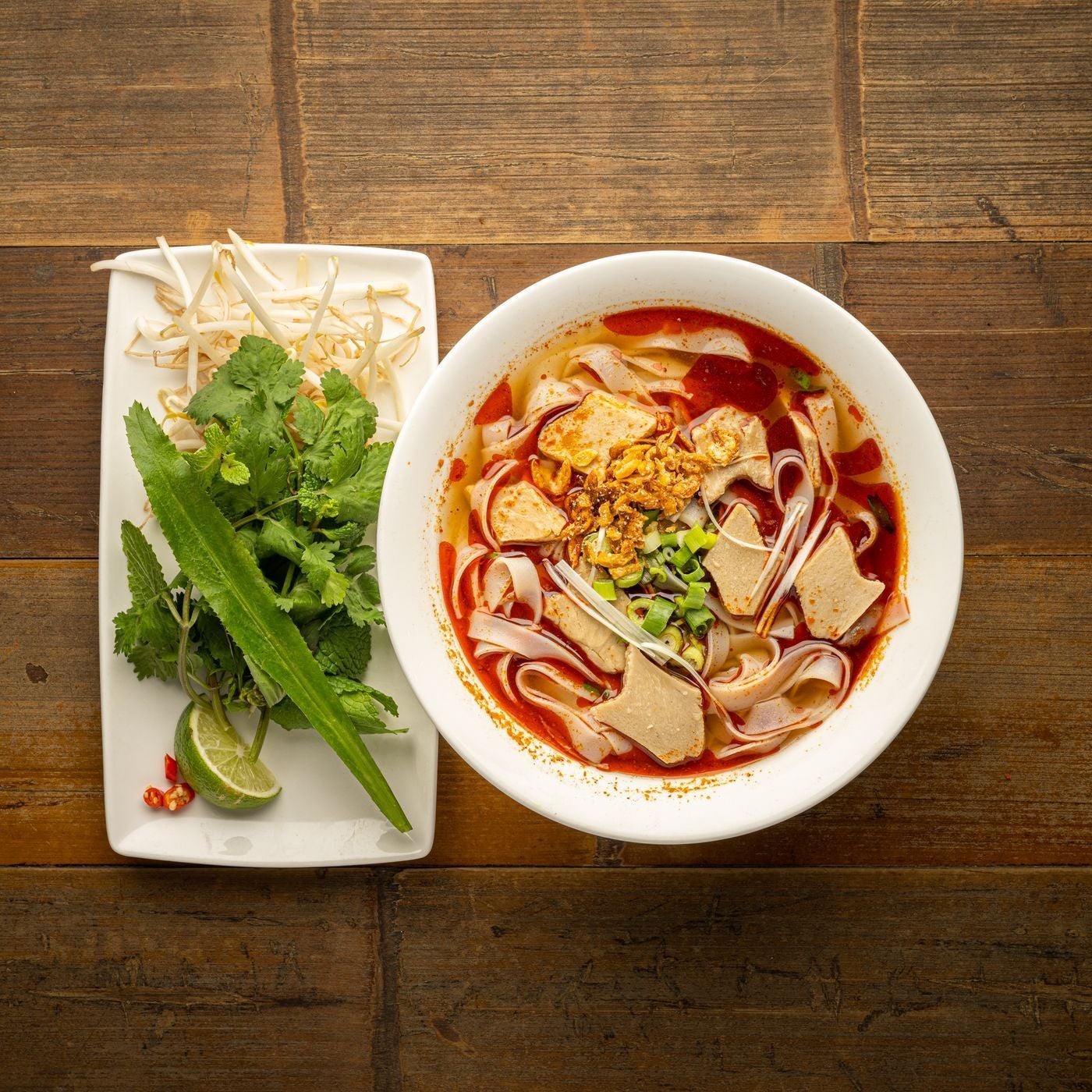 Spicy vegan chicken pho noodle soup