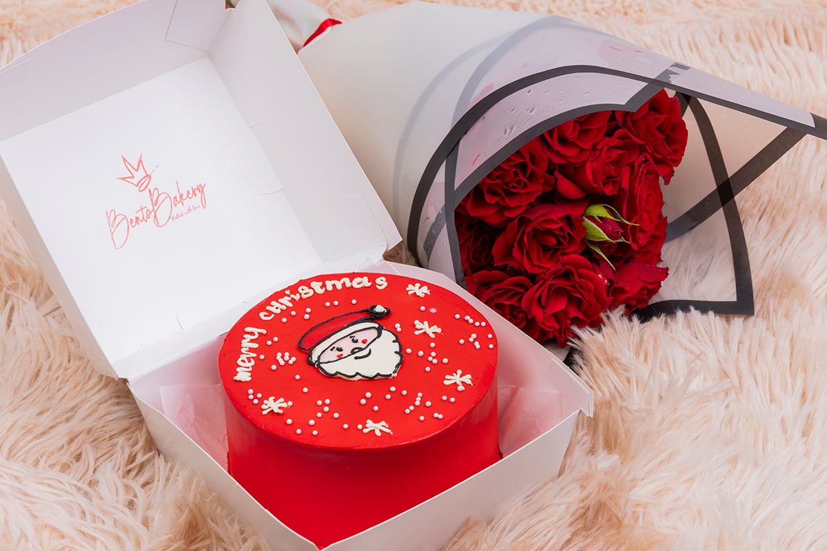 Red Santa Cake with Flowers