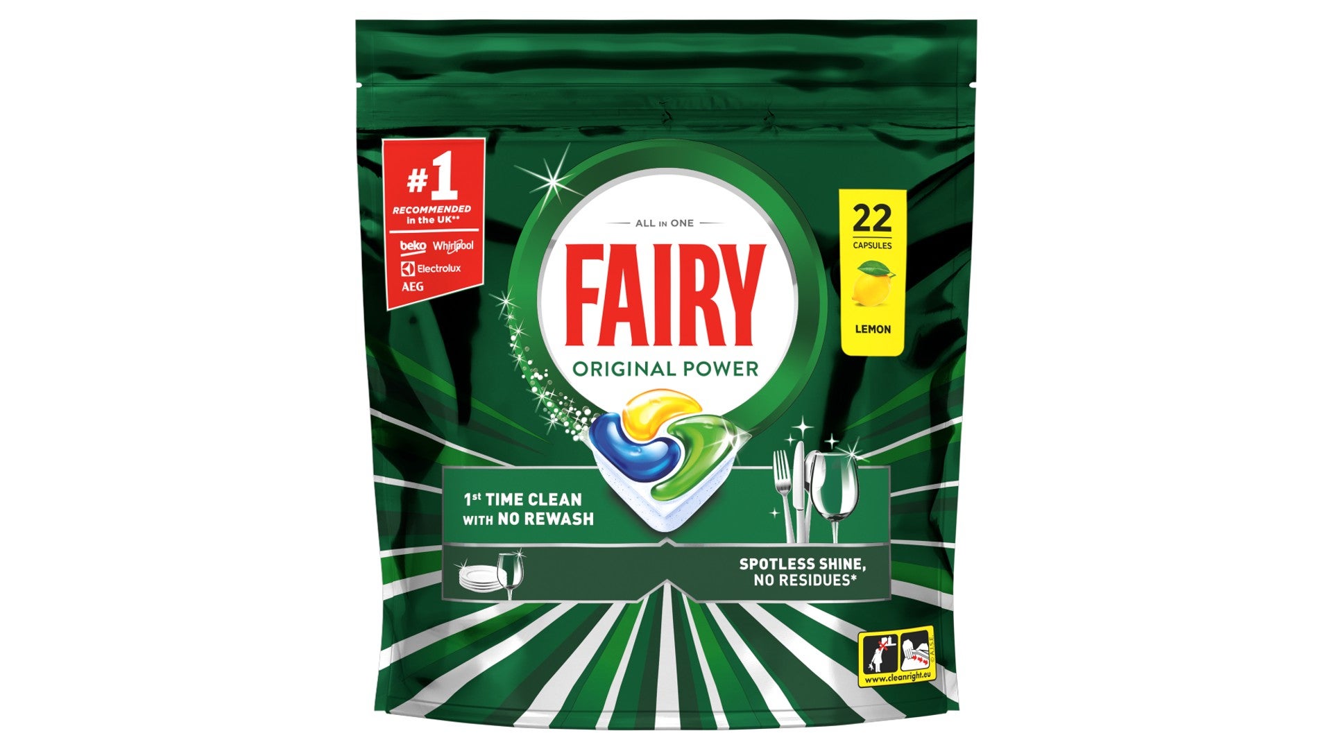 Fairy Original Power Dishwasher Tablets, Lemon, 22 Capsules, 1st Time Clean, No Rewash