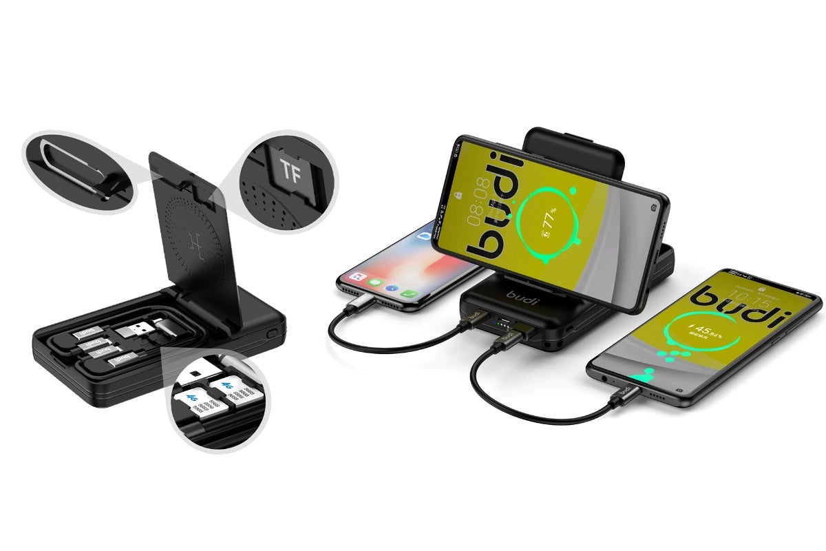 Budi Wireless 10,000mAH Powerbank with Built-in Data Cables-black