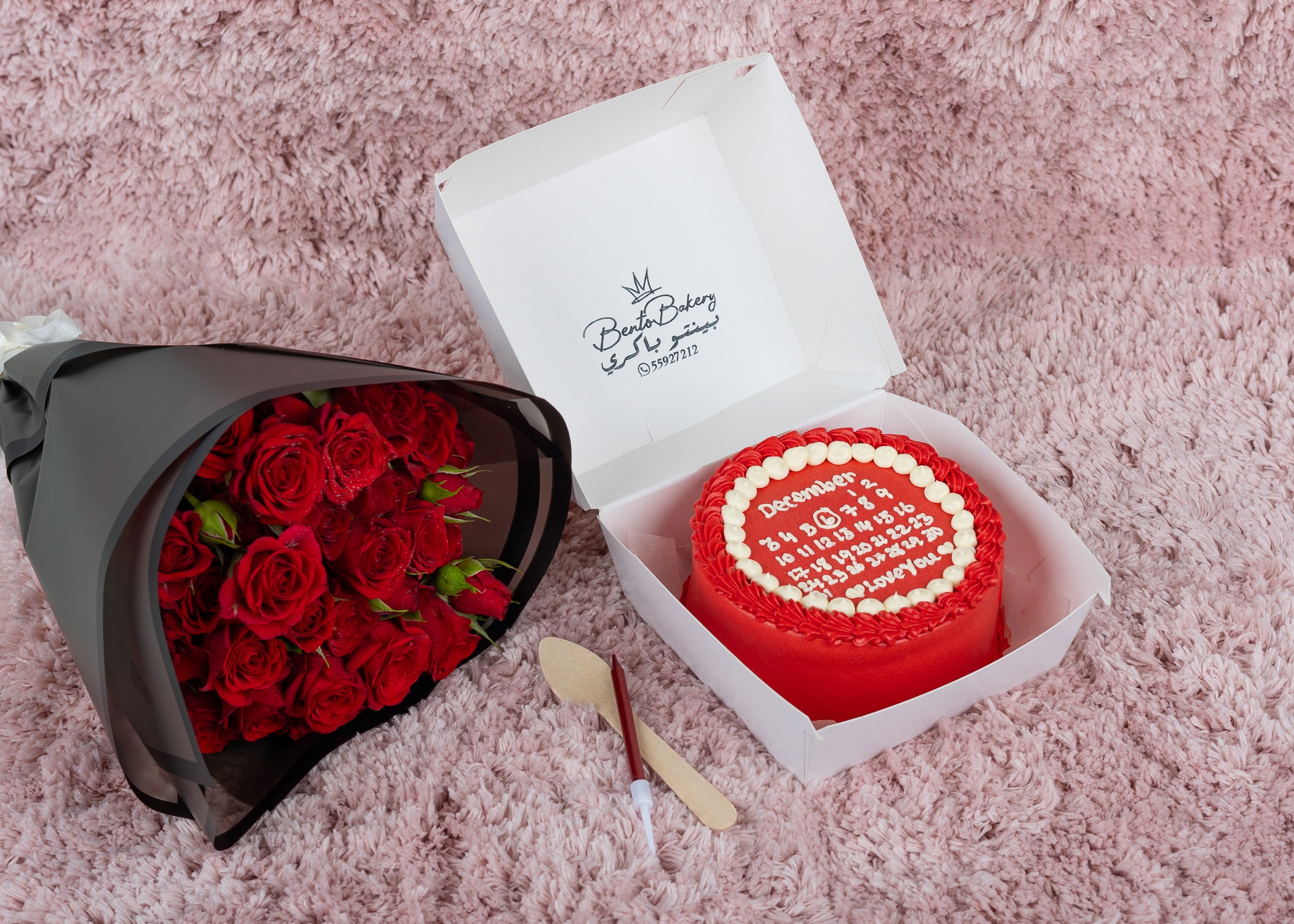 Red Calender Bento Cake With Red Roses