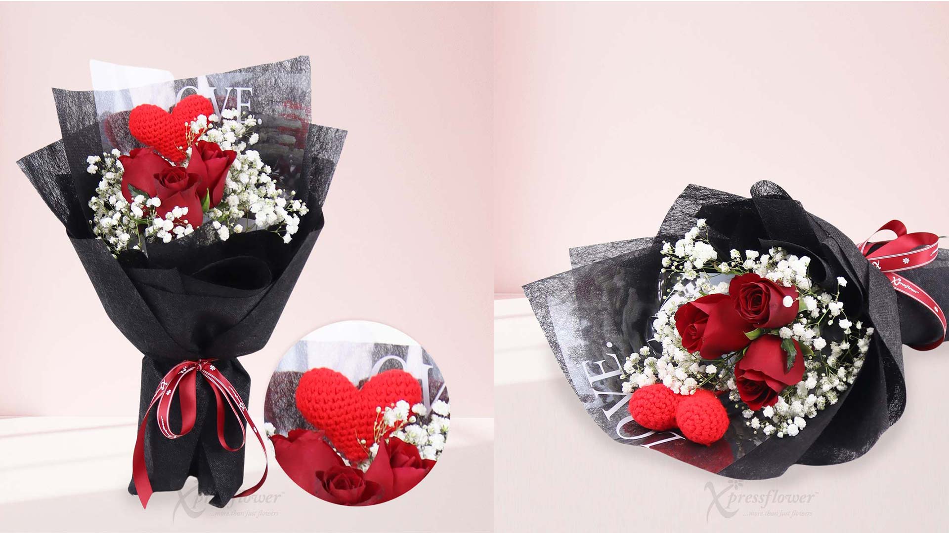Flower Bouquet Red Roses 3 stalks with red crochet - VBQ2601DL
